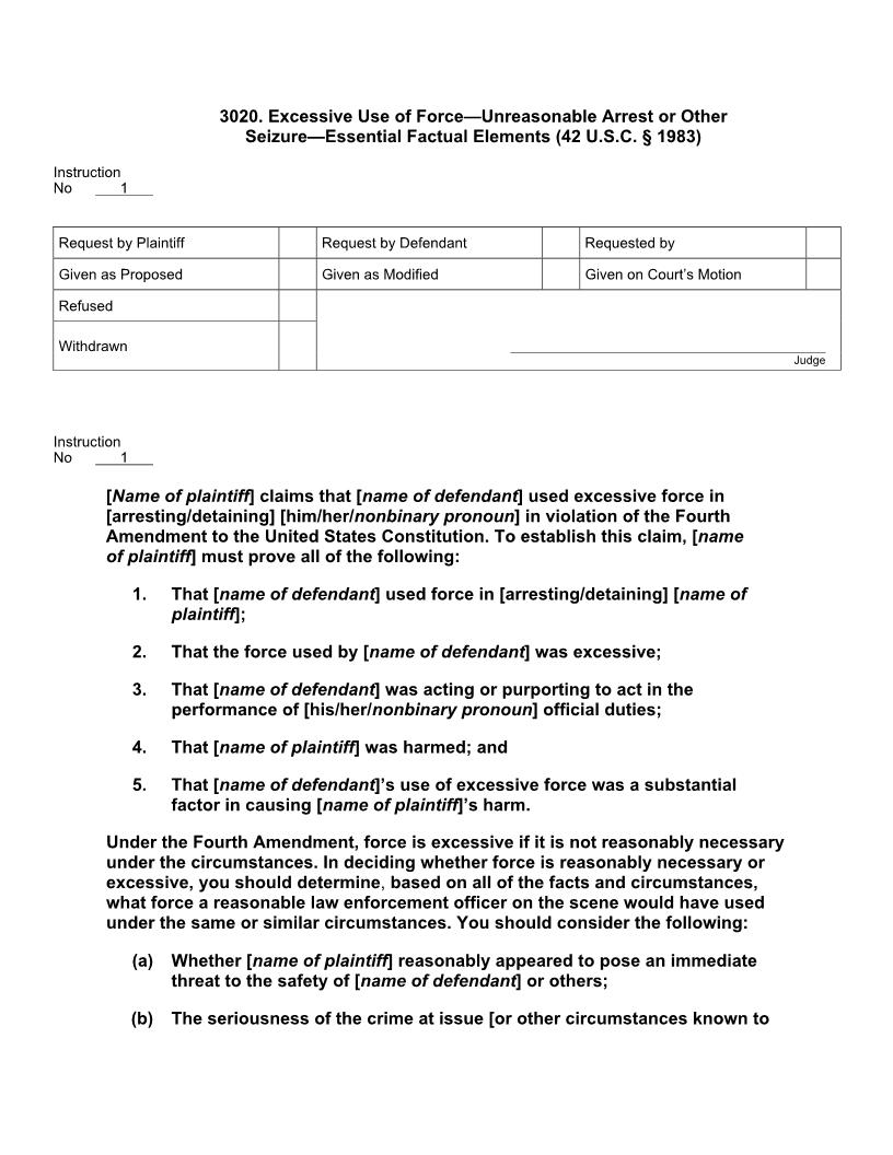 3020. Excessive Use Of Force Unreasonable Arrest Other Seizure Essential Factual Elements | Pdf Doc Docx | Jury Instructions