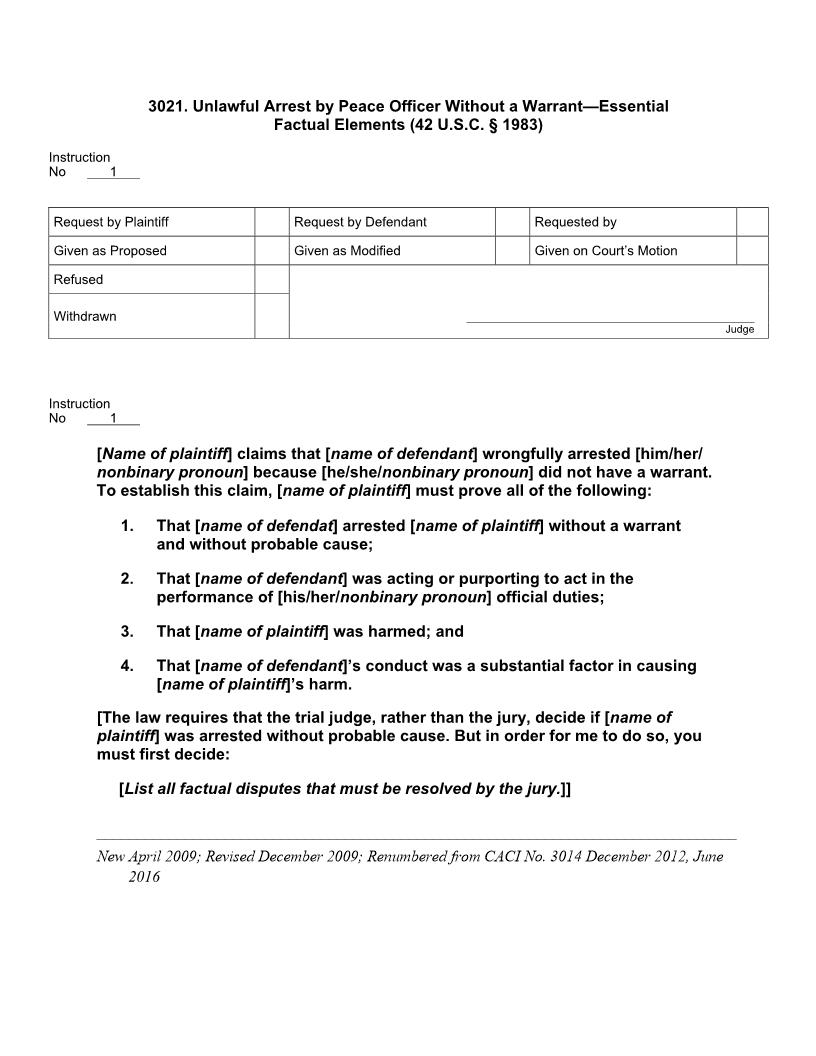 3021. Unlawful Arrest by Peace Officer Without Warrant Essential Factual Elements | Pdf Doc Docx | Jury Instructions