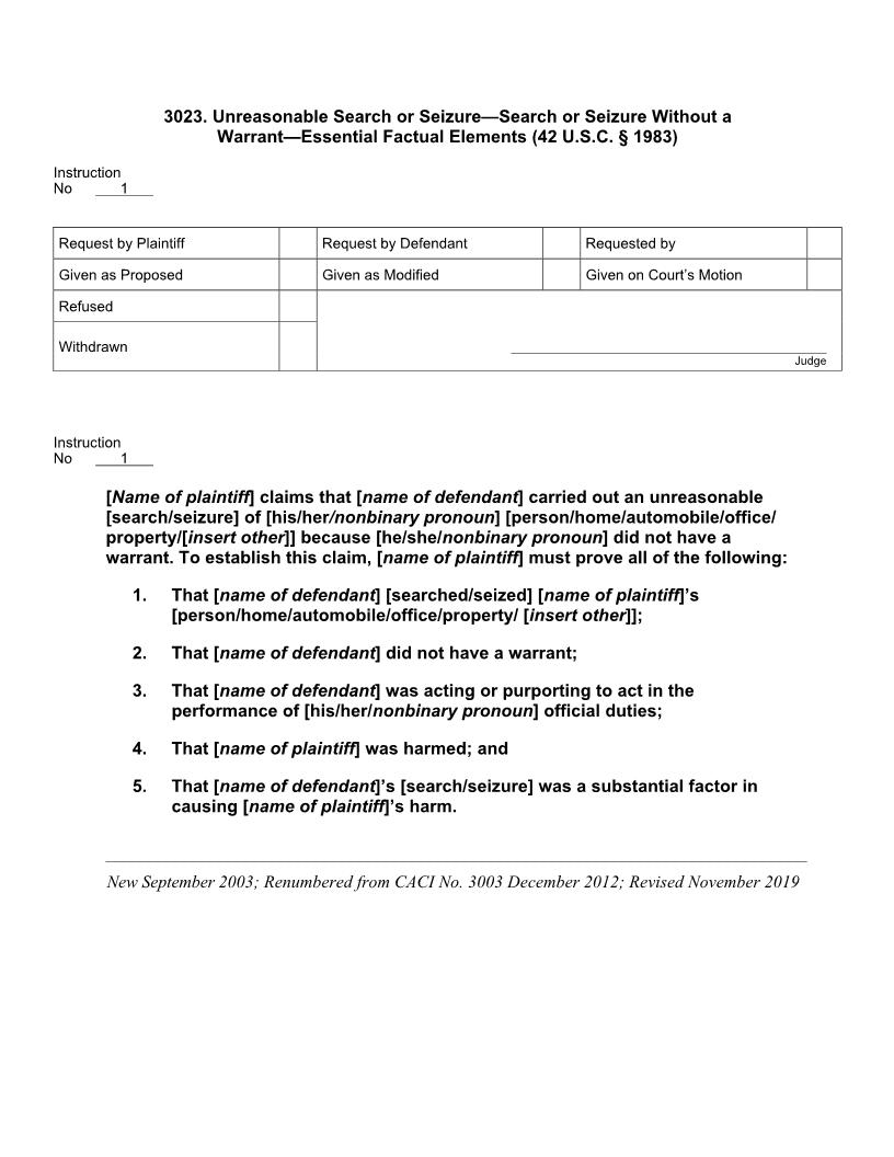 3023. Unreasonable Search Search Or Seizure Without Warrant Essential Factual Elements | Pdf Doc Docx | Jury Instructions
