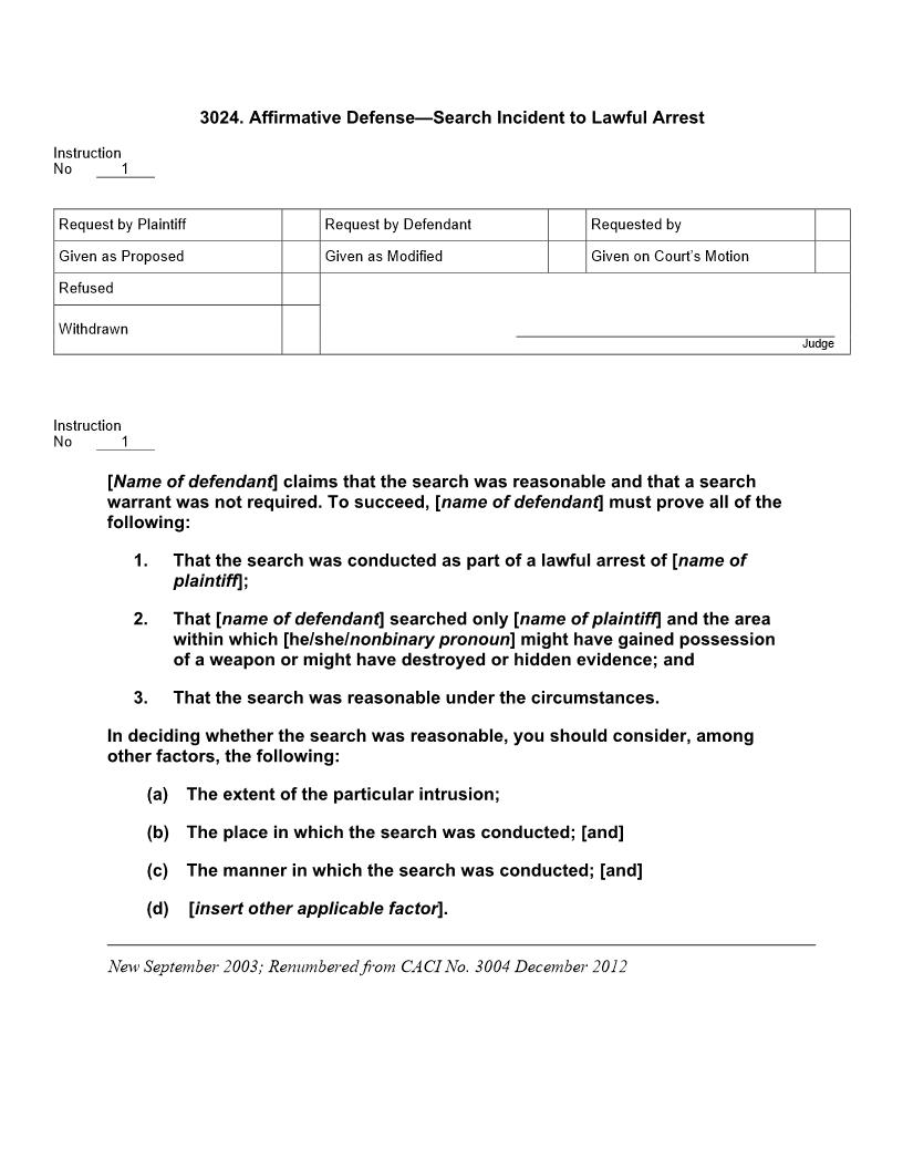 3024. Affirmative Defense Search Incident to Lawful Arrest | Pdf Doc Docx | Jury Instructions