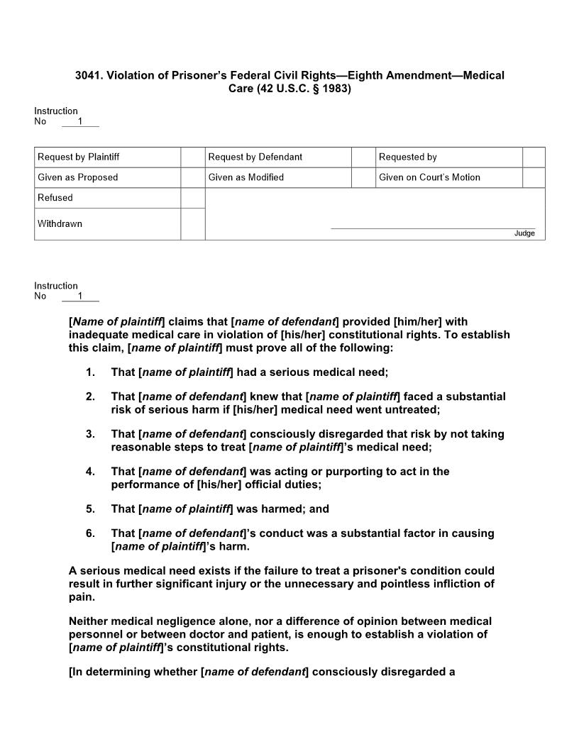 3041. Violation Of Prisoners Federal Civil Rights 8th Amendment Medical Care | Pdf Doc Docx | Jury Instructions