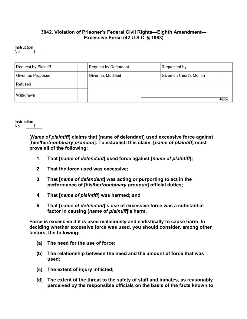 3042. Violation Of Prisoners Federal Civil Rights Eighth Amendment Excessive Force | Pdf Doc Docx | Jury Instructions