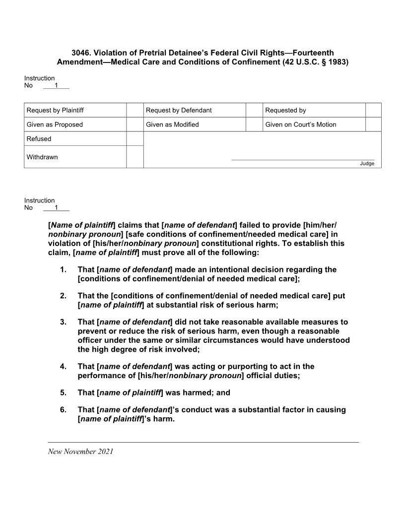 3046. Violation Of Pretrial Detainees Rights 14th Amdmt Med Care Conditions Of Confinement | Pdf Docx | Jury Instructions