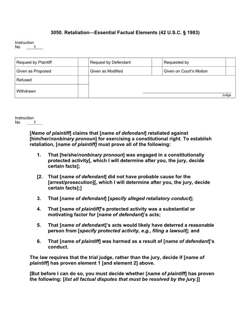 3050. Retaliation Essential Factual Elements (42 U.S.C. § 1983) | Pdf Doc Docx | Jury Instructions