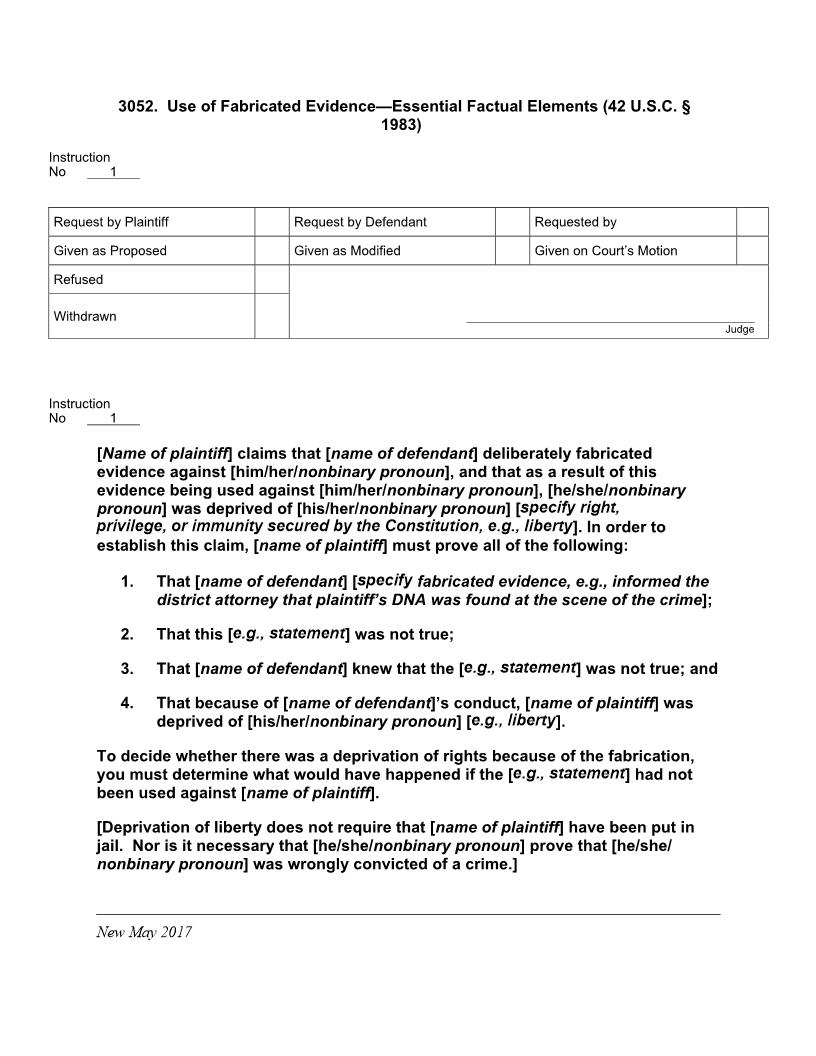3052. Use of Fabricated Evidence-Essential Factual Elements (42 U.S.C. § 1983) | Pdf Doc Docx | Jury Instructions