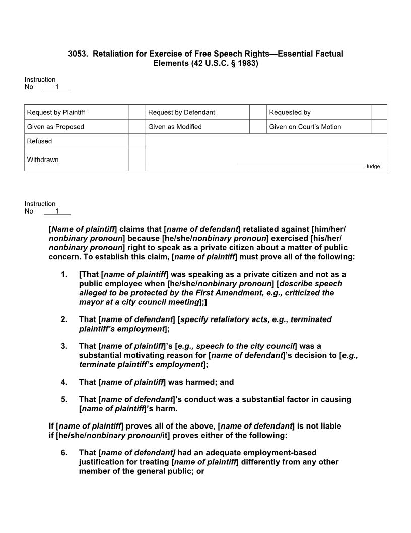 3053. Retaliation For Exercise Of Free Speech Rights Public Employee Essential Factual Els | Pdf Docx | Jury Instructions