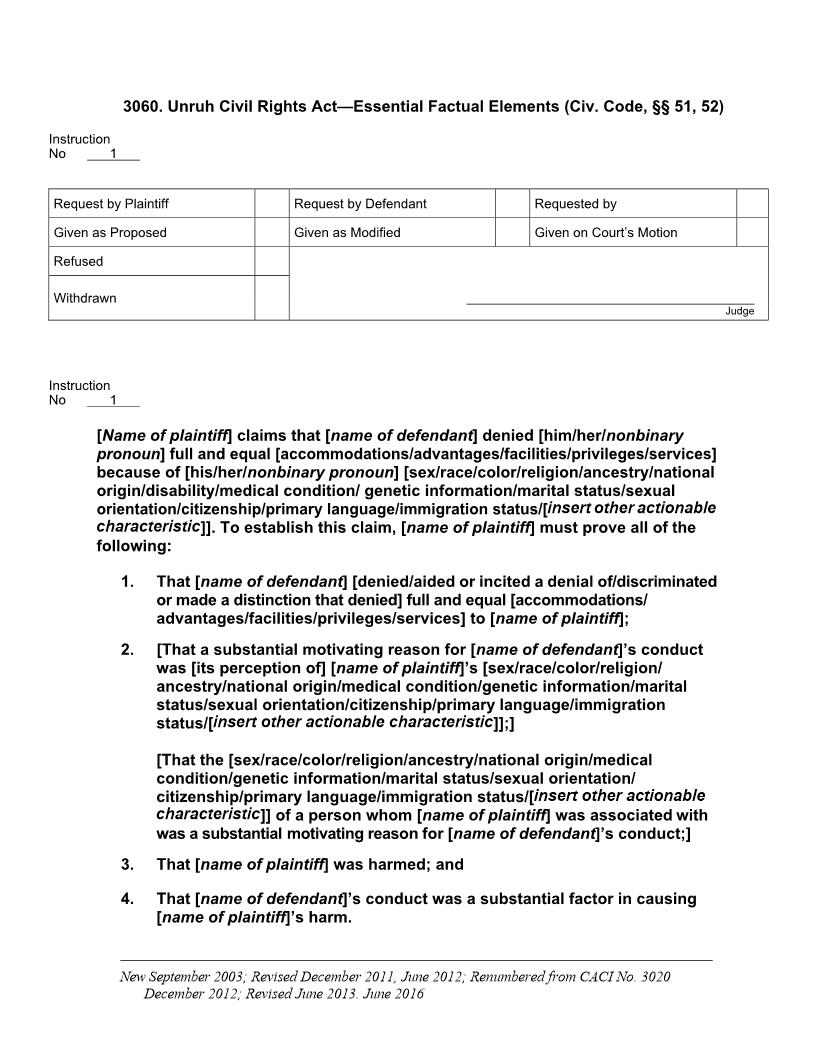 3060. Unruh Civil Rights Act Essential Factual Elements | Pdf Docx | Jury Instructions
