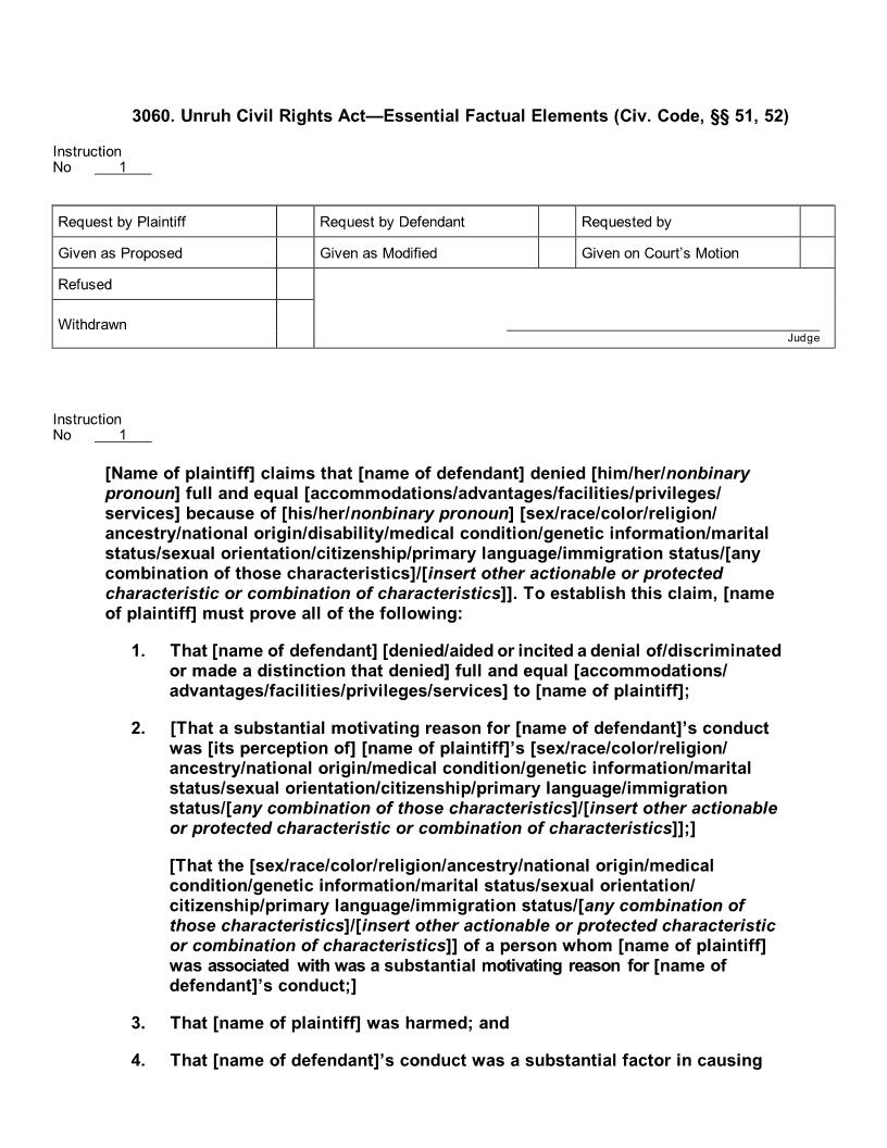 3060. Unruh Civil Rights Act Essential Factual Elements | Pdf Docx | Jury Instructions