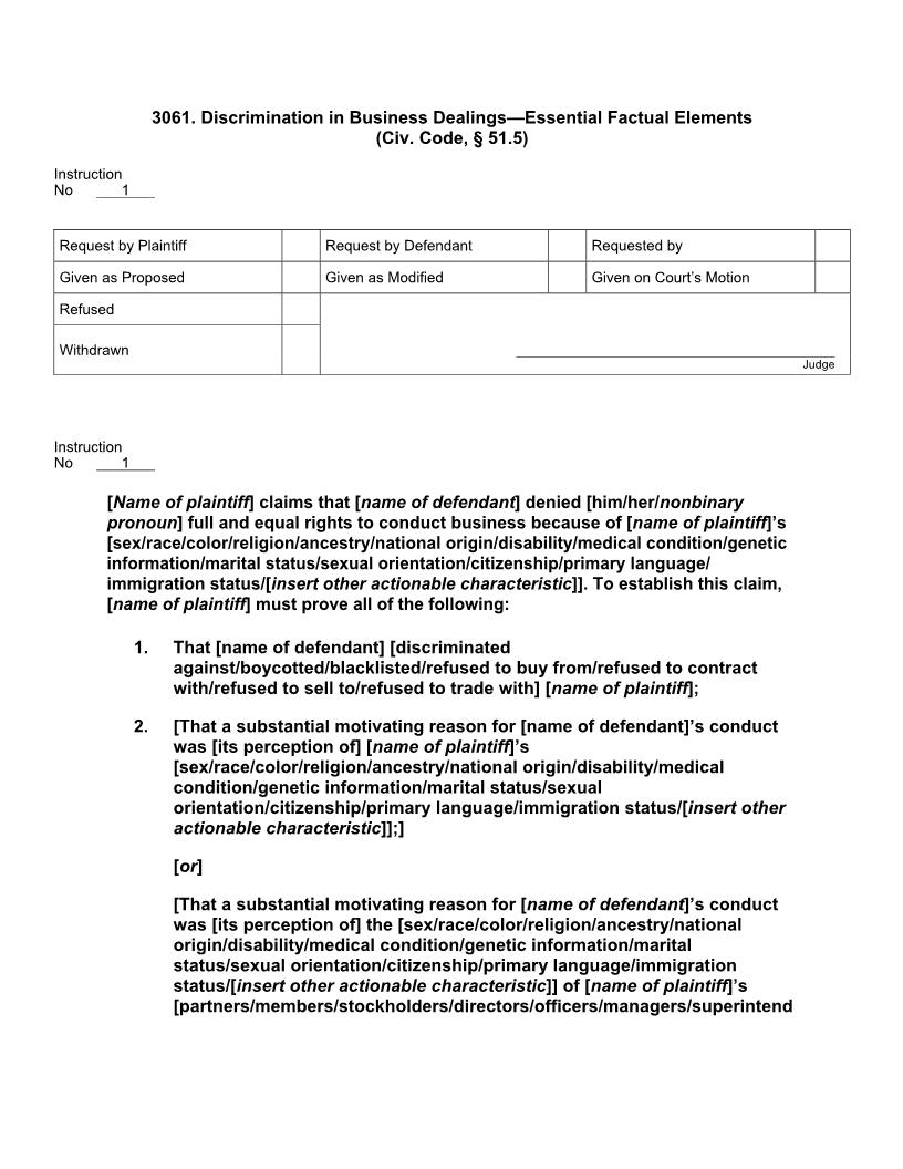 3061. Discrimination in Business Dealings Essential Factual Elements (Civ. Code, § 51.5) | Pdf Doc Docx | Jury Instructions