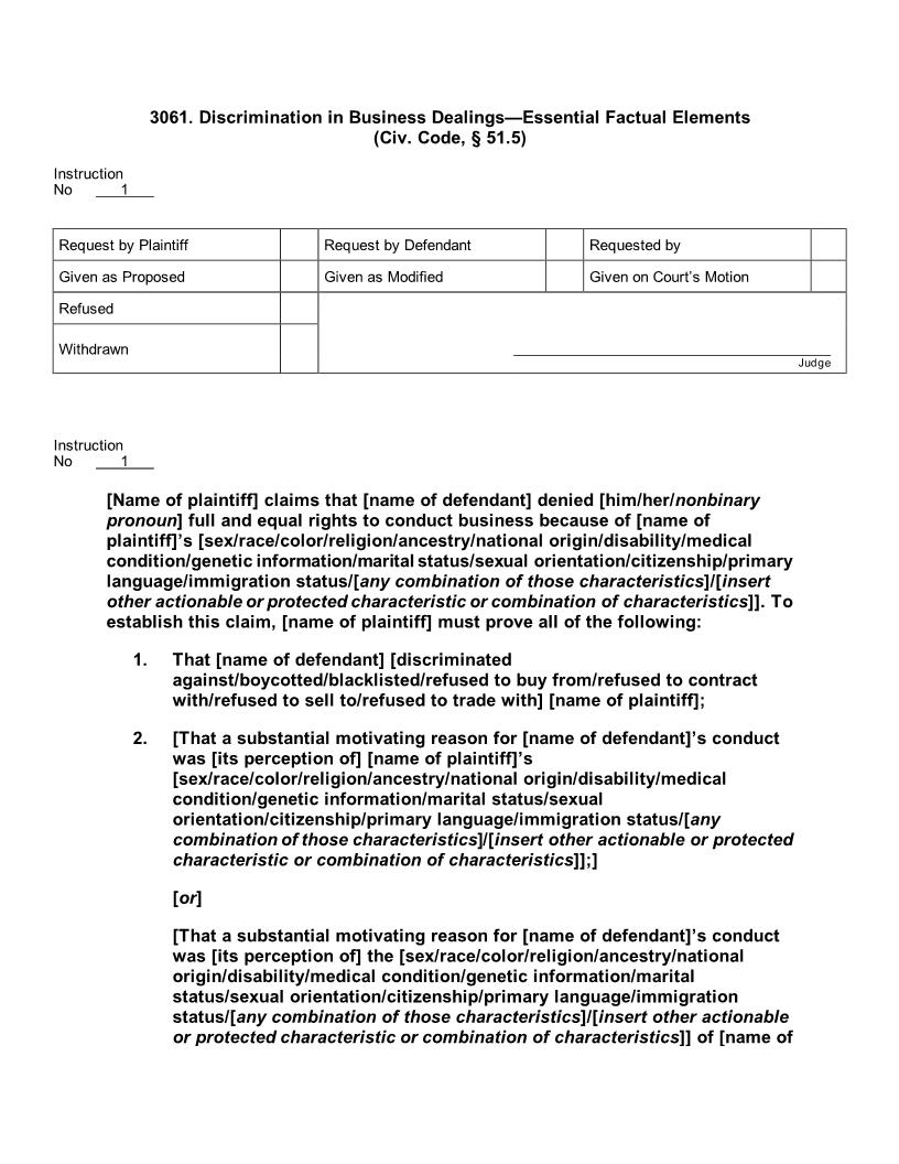 3061. Discrimination in Business Dealings Essential Factual Elements (Civ. Code, § 51.5) | Pdf Doc Docx | Jury Instructions