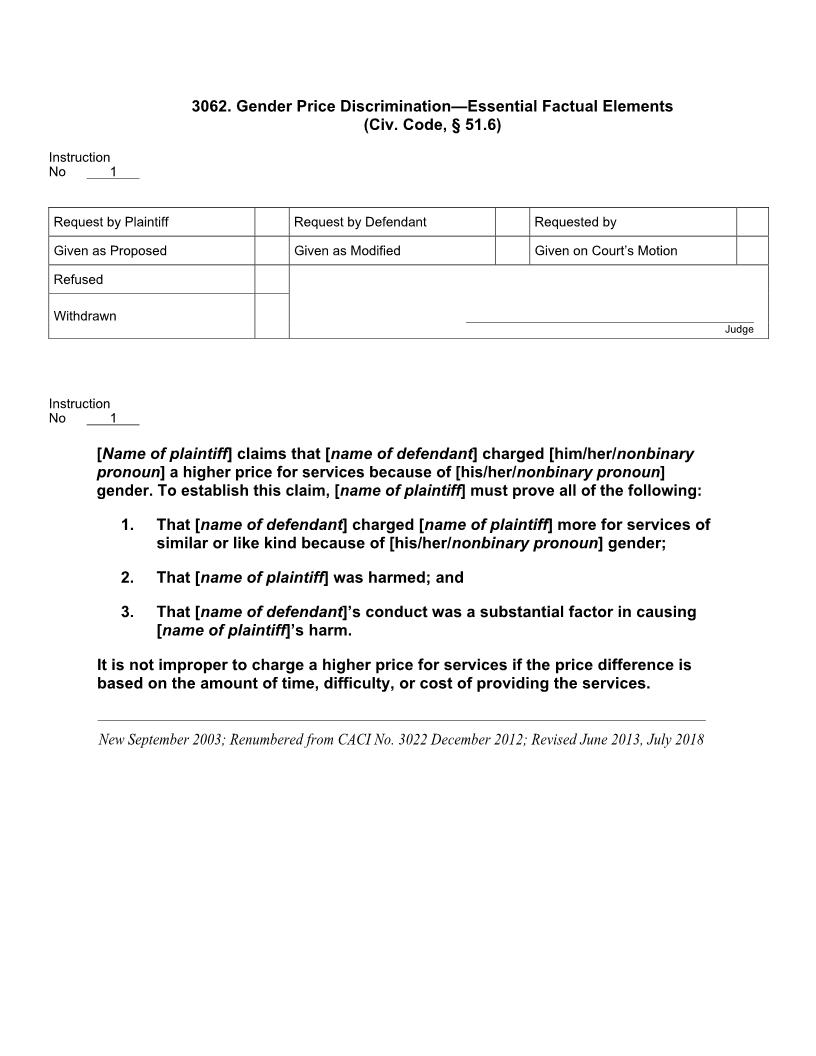 3062. Gender Price Discrimination Essential Factual Elements (Civ. Code, § 51.6) | Pdf Doc Docx | Jury Instructions