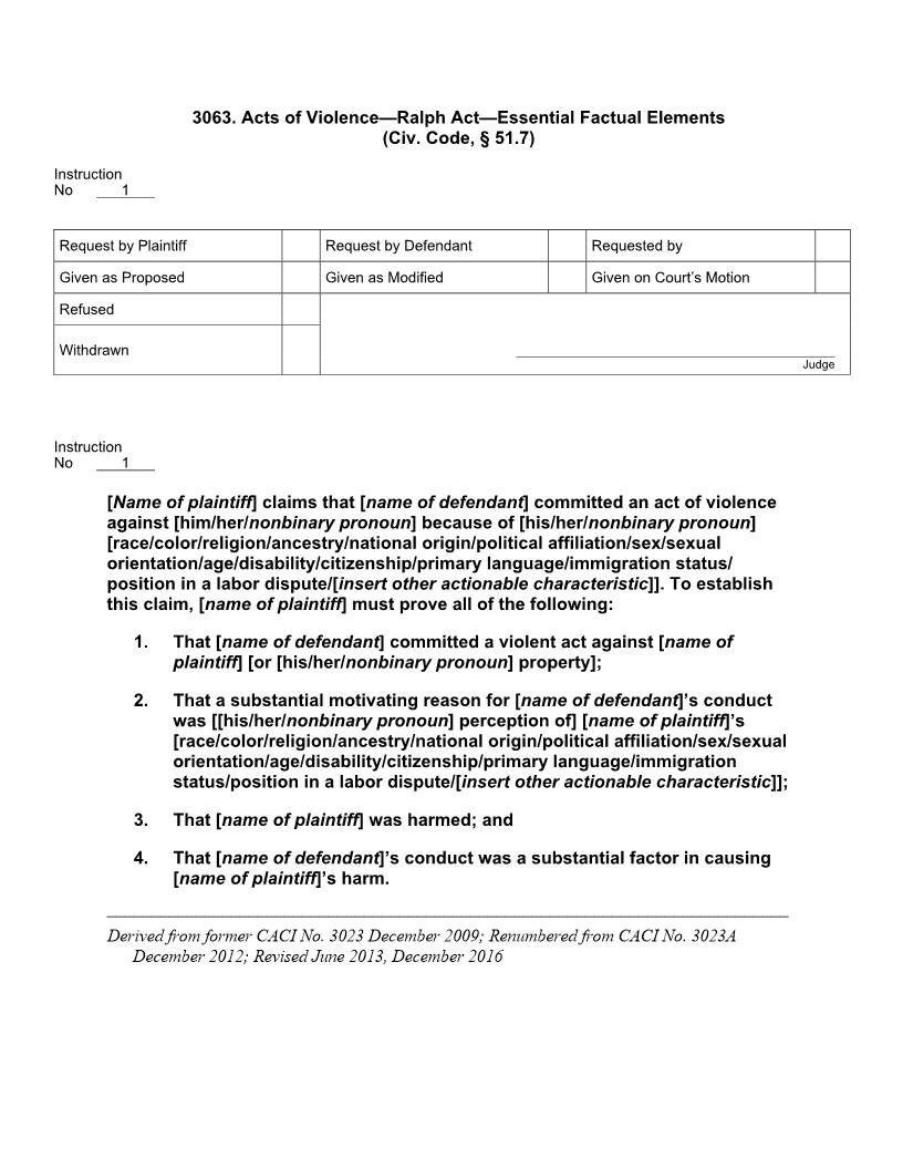 3063. Acts of Violence Ralph Act Essential Factual (Civ. Code, § 51.7) | Pdf Doc Docx | Jury Instructions