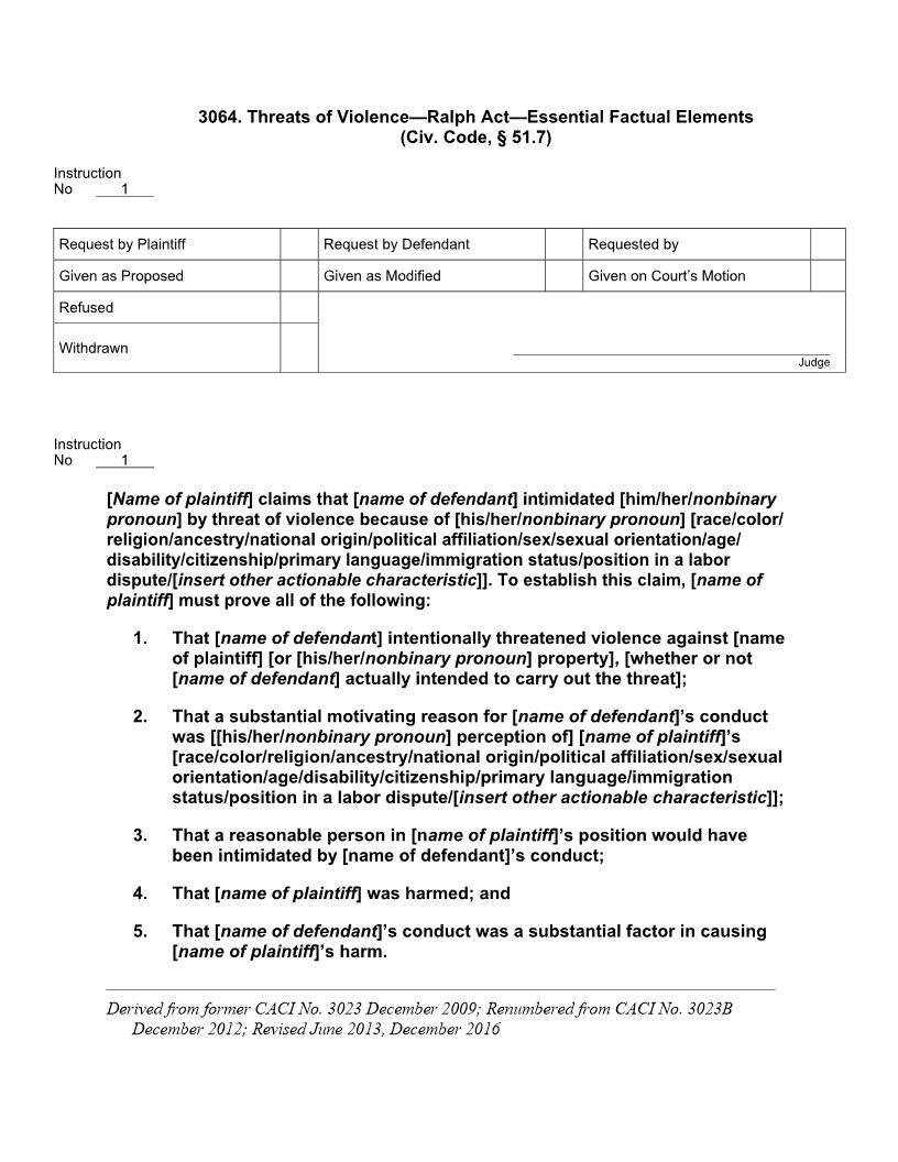 3064. Threats of Violence Ralph Act Essential Factual (Civ. Code, § 51.7) | Pdf Doc Docx | Jury Instructions