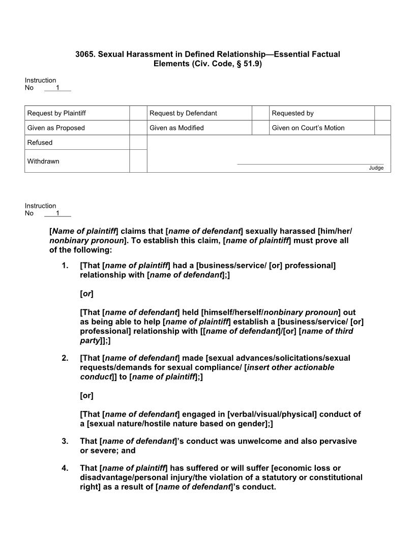 3065. Sexual Harassment In Defined Relationship Essential Factual Elements | Pdf Doc Docx | Jury Instructions