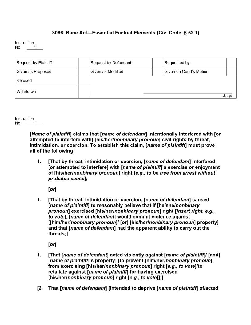 3066. Bane Act Essential Factual Elements (Civ. Code § 52.1) | Pdf Doc Docx | Jury Instructions