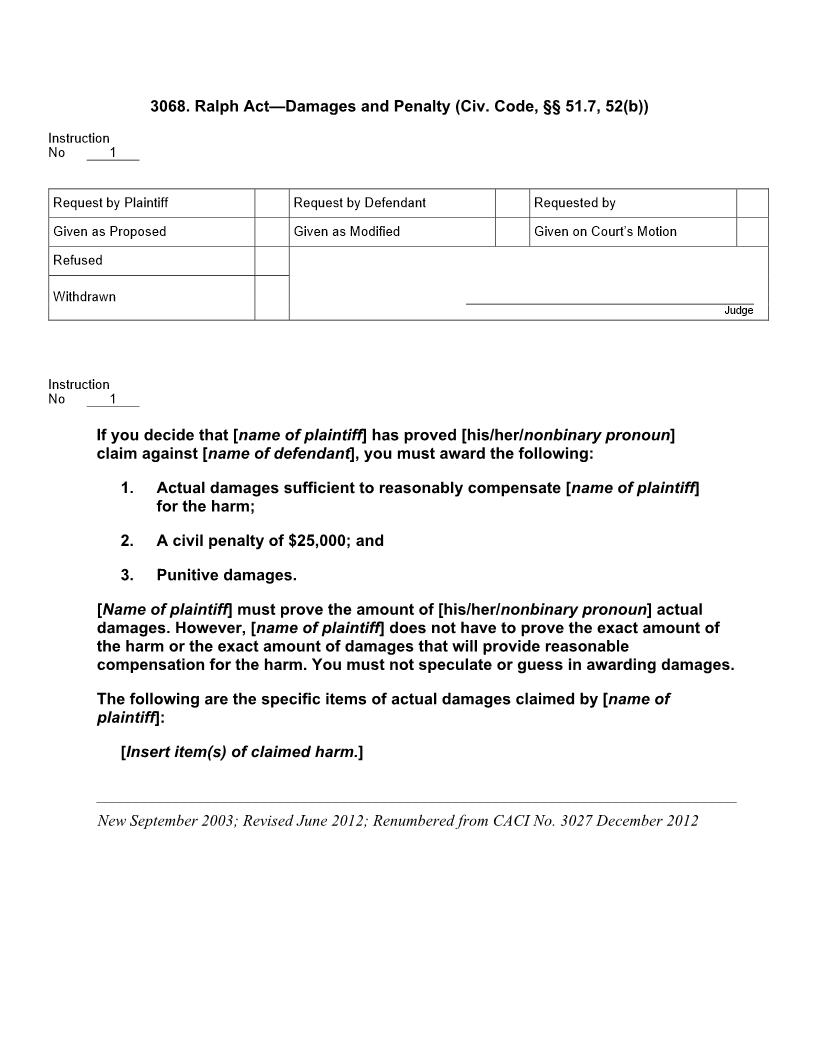 3068. Ralph Act Damages and Penalty (Civ. Code §§ 51.7, 52(b)) | Pdf Doc Docx | Jury Instructions
