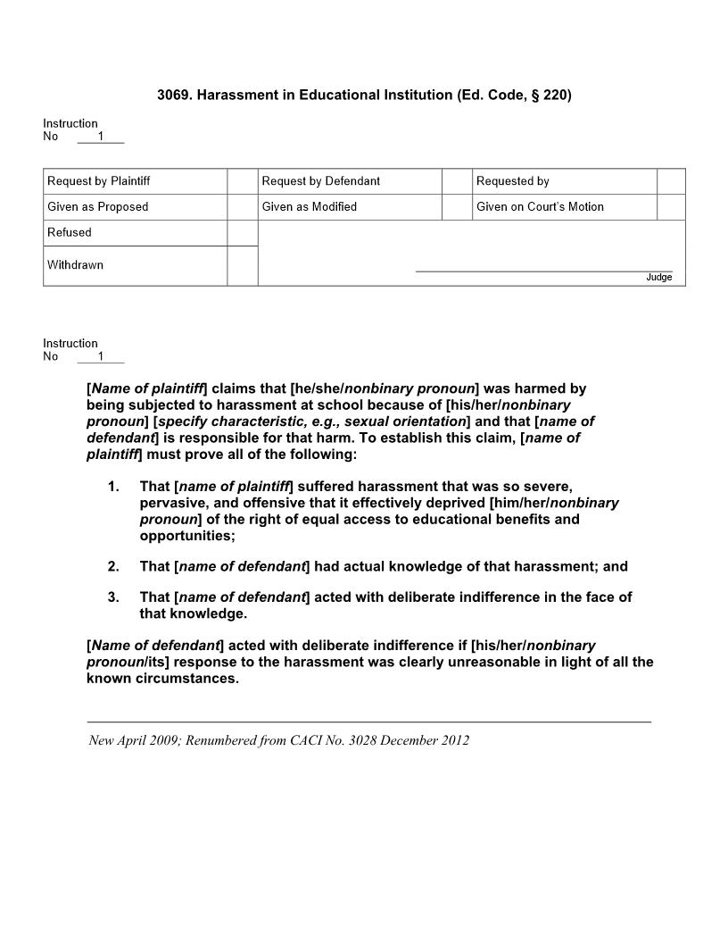 3069. Harassment in Educational Institution (Ed. Code, § 220) | Pdf Doc Docx | Jury Instructions