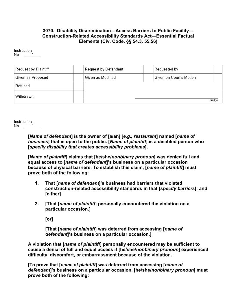 3070. Disability Discrimination Barriers To Public Facility CRASA Essential Factual Elements | Pdf Doc Docx | Jury Instructions