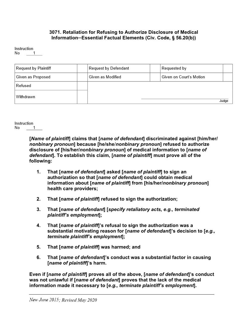 3071. Retaliation For Refusing Disclosure of Medical Information Essential Factual Elements | Pdf Doc Docx | Jury Instructions