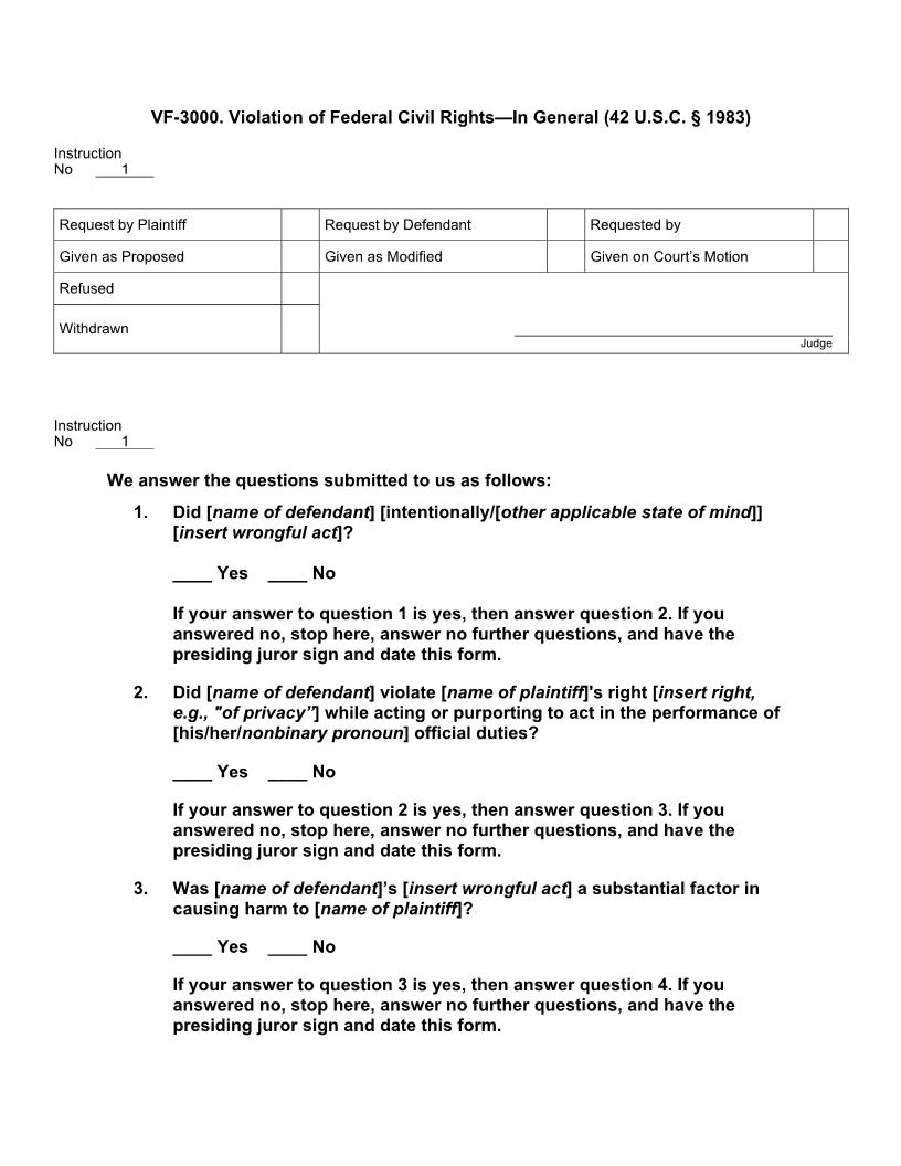 VF 3000. Violation of Federal Civil Rights In General (42 U.S.C. § 1983) | Pdf Doc Docx | Jury Instructions