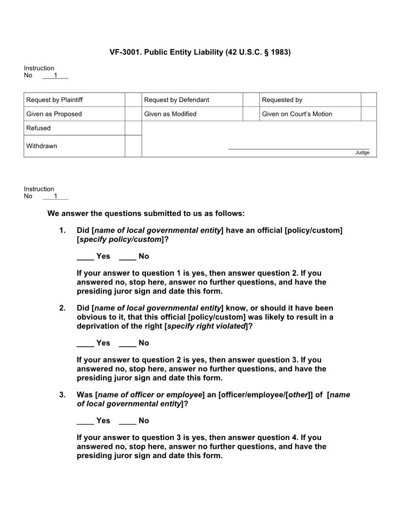 VF 3001. Public Entity Liability (42 U.S.C. § 1983) | Pdf Doc Docx | Jury Instructions
