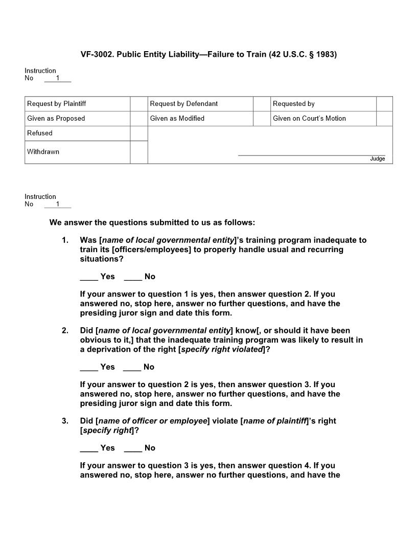 VF 3002. Public Entity Liability Failure to Train (42 U.S.C. § 1983) | Pdf Doc Docx | Jury Instructions