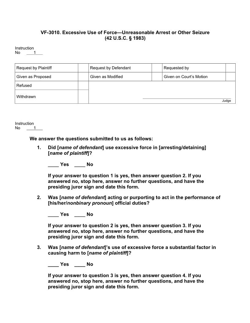 VF 3010. Excessive Use of Force Unreasonable Arrest or Other Seizure (42 U.S.C. § 1983) | Pdf Doc Docx | Jury Instructions