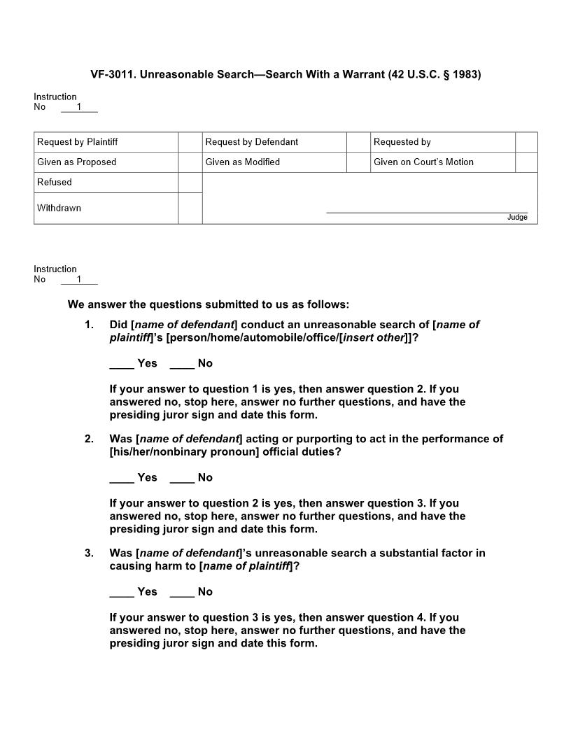 VF 3011. Unreasonable Search Search With a Warrant (42 U.S.C. § 1983) | Pdf Doc Docx | Jury Instructions