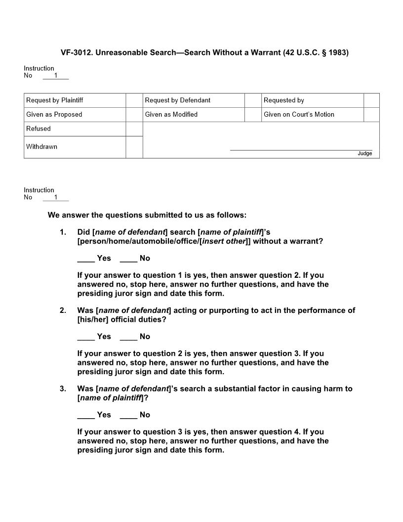 VF 3012. Unreasonable Search Or Seizure Without A Warrant (42 U.S.C.§ 1983) | Pdf Doc Docx | Jury Instructions