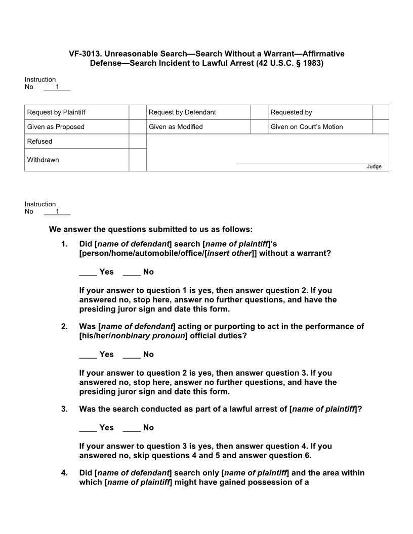 VF 3013. Unreasonable Search Without Warrant Affirmative Defense Search Incident To Lawful Arrest | Pdf Doc Docx | Jury Instructions