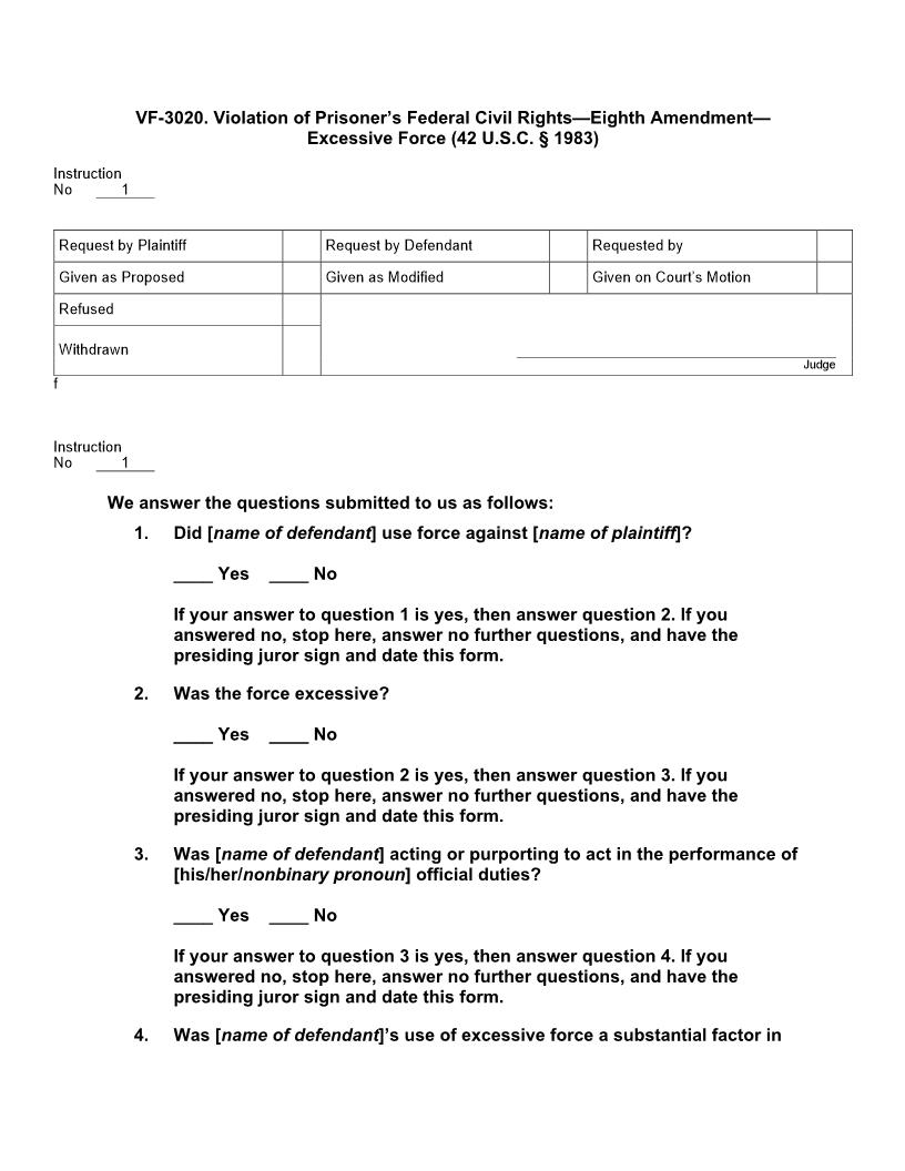 VF 3020. Violation of Prisoners Federal Civil Rights Eighth Amendment Excessive Force | Pdf Doc Docx | Jury Instructions