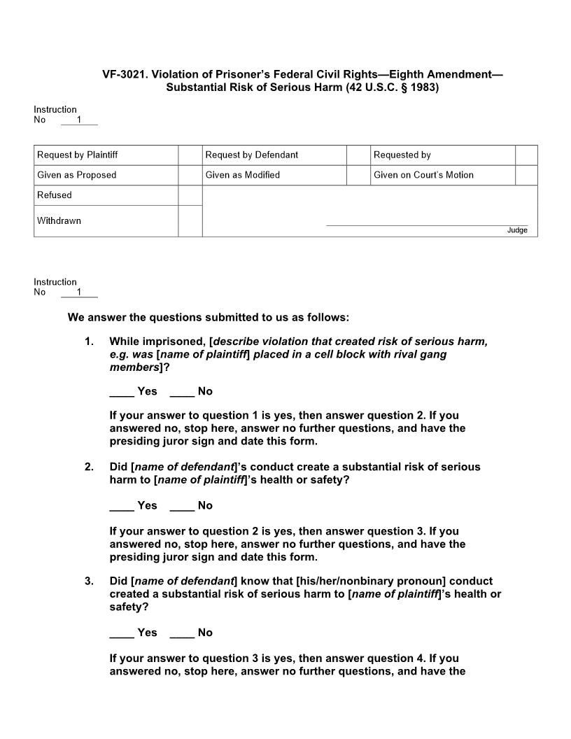 VF 3021. Violation Of Prisoners Federal Civil Rights Eighth Amendment Substantial Risk Serious Harm | Pdf Doc Docx | Jury Instructions