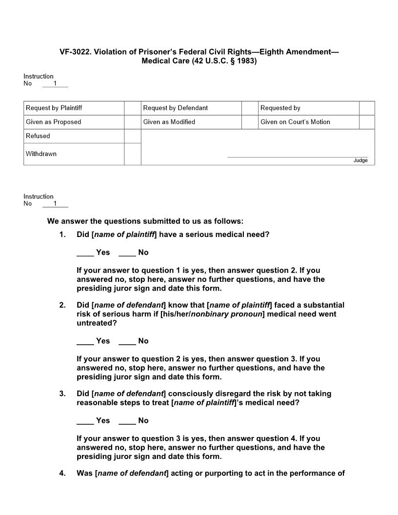 VF 3022. Violation of Prisoners Federal Civil Rights Eighth Amendment Medical Care (42 U.S.C. § 1983) | Pdf Doc Docx | Jury Instructions