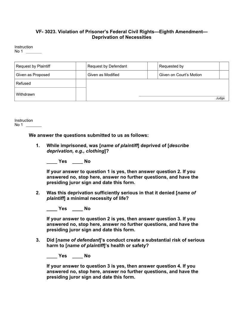 VF 3023. Violation of Prisoners Federal Civil Rights Eighth Amendment Deprivation of Necessities | Pdf Doc Docx | Jury Instructions