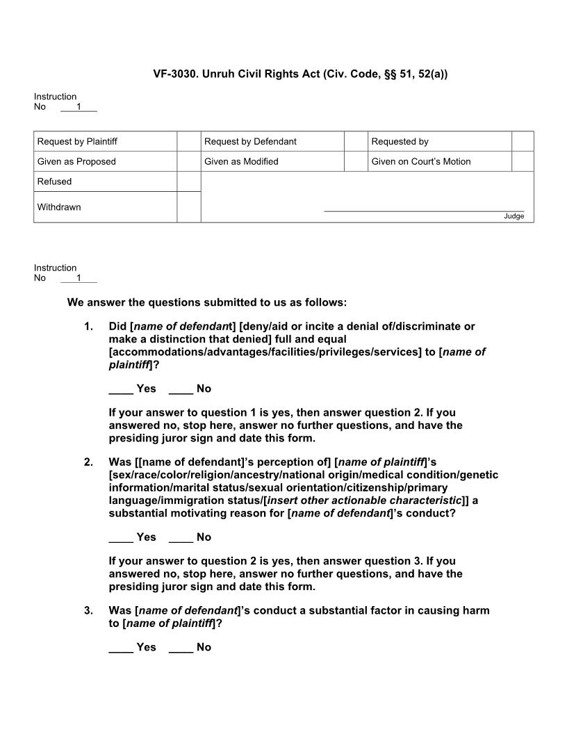 VF 3030. Unruh Civil Rights Act (Civ. Code, §§ 51, 52(a)) | Pdf Doc Docx | Jury Instructions