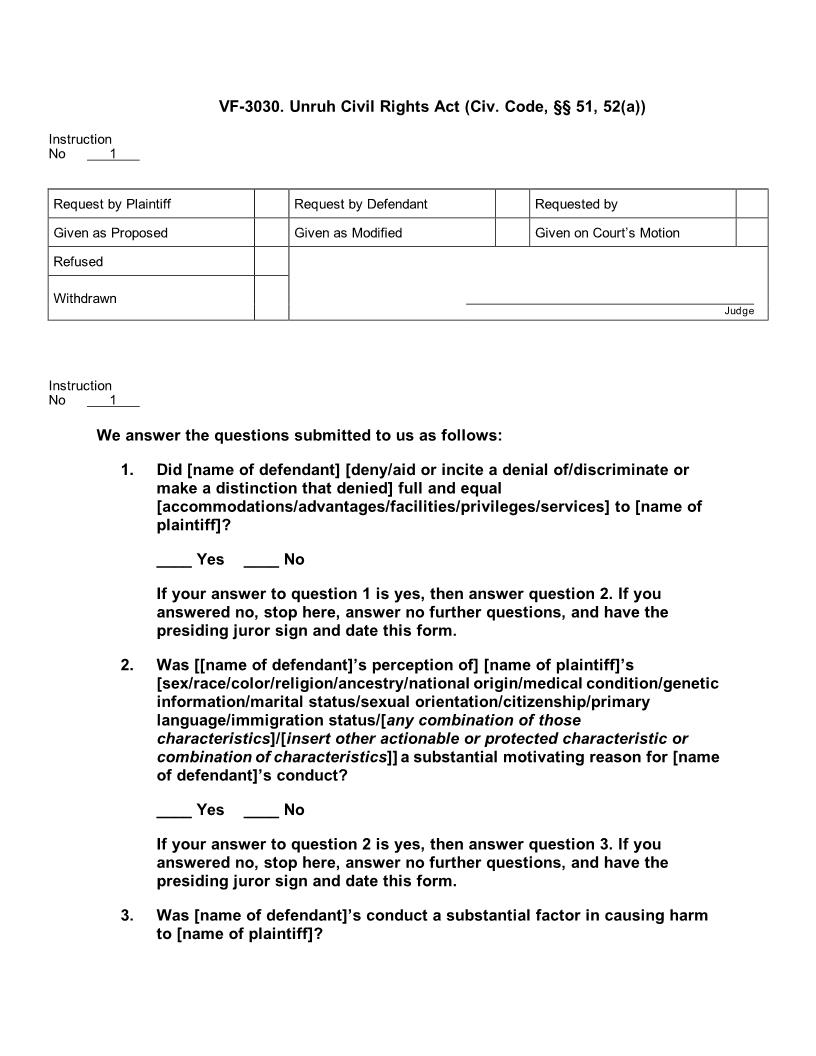 VF 3030. Unruh Civil Rights Act (Civ. Code, §§ 51, 52(a)) | Pdf Doc Docx | Jury Instructions