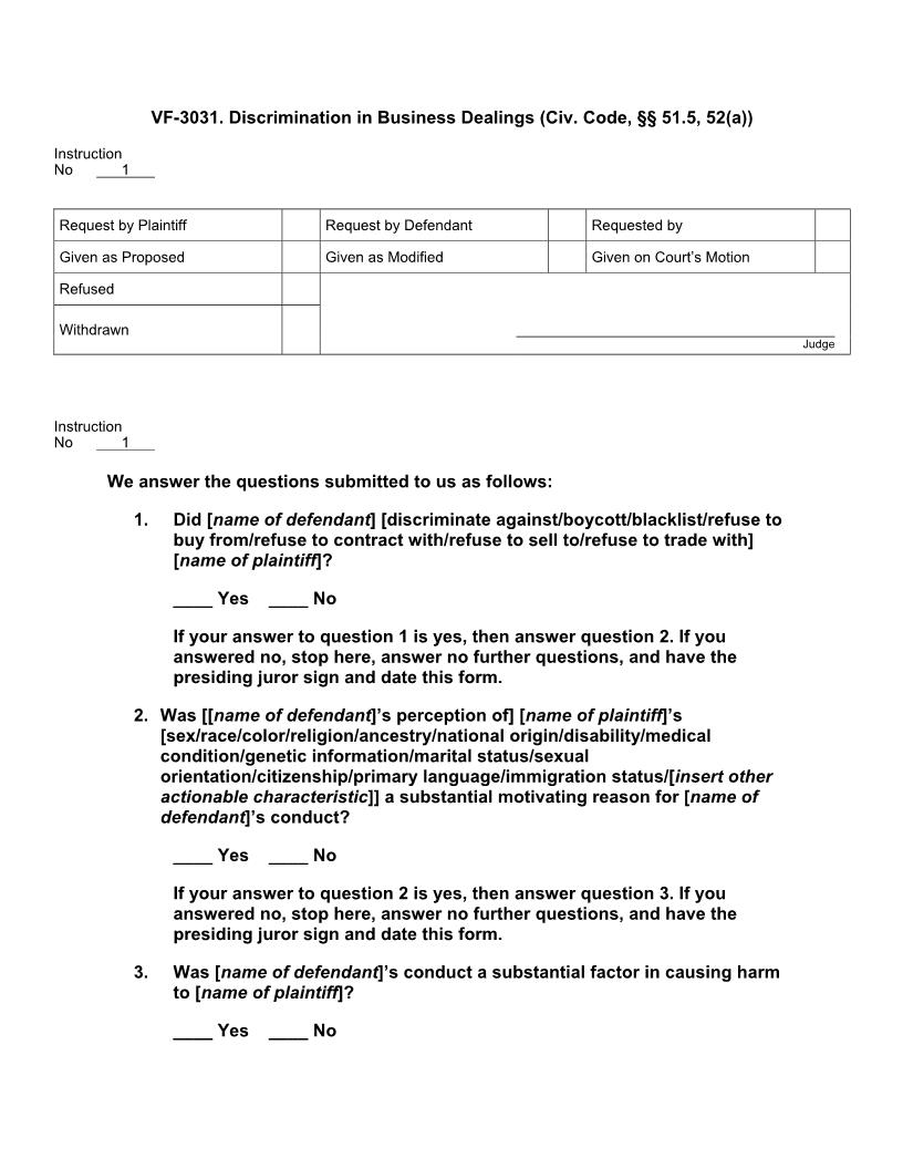 VF 3031. Discrimination in Business Dealings (Civ. Code, §§ 51.5, 52(a)) | Pdf Doc Docx | Jury Instructions