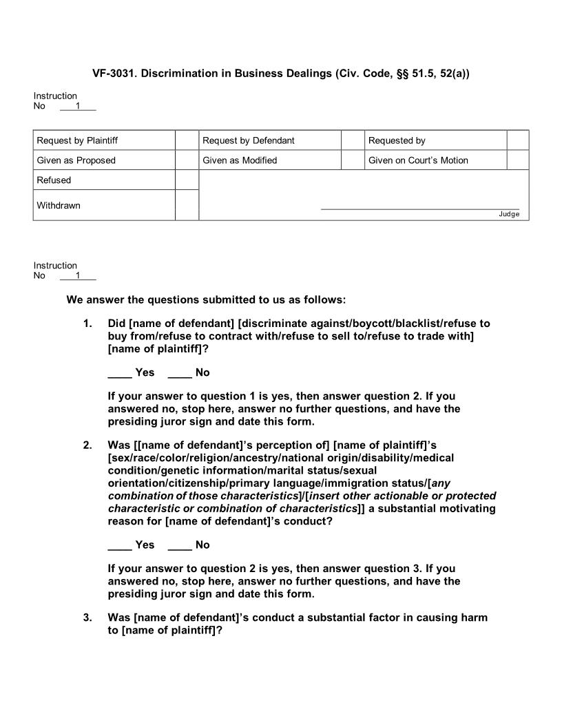 VF 3031. Discrimination in Business Dealings (Civ. Code, §§ 51.5, 52(a)) | Pdf Doc Docx | Jury Instructions
