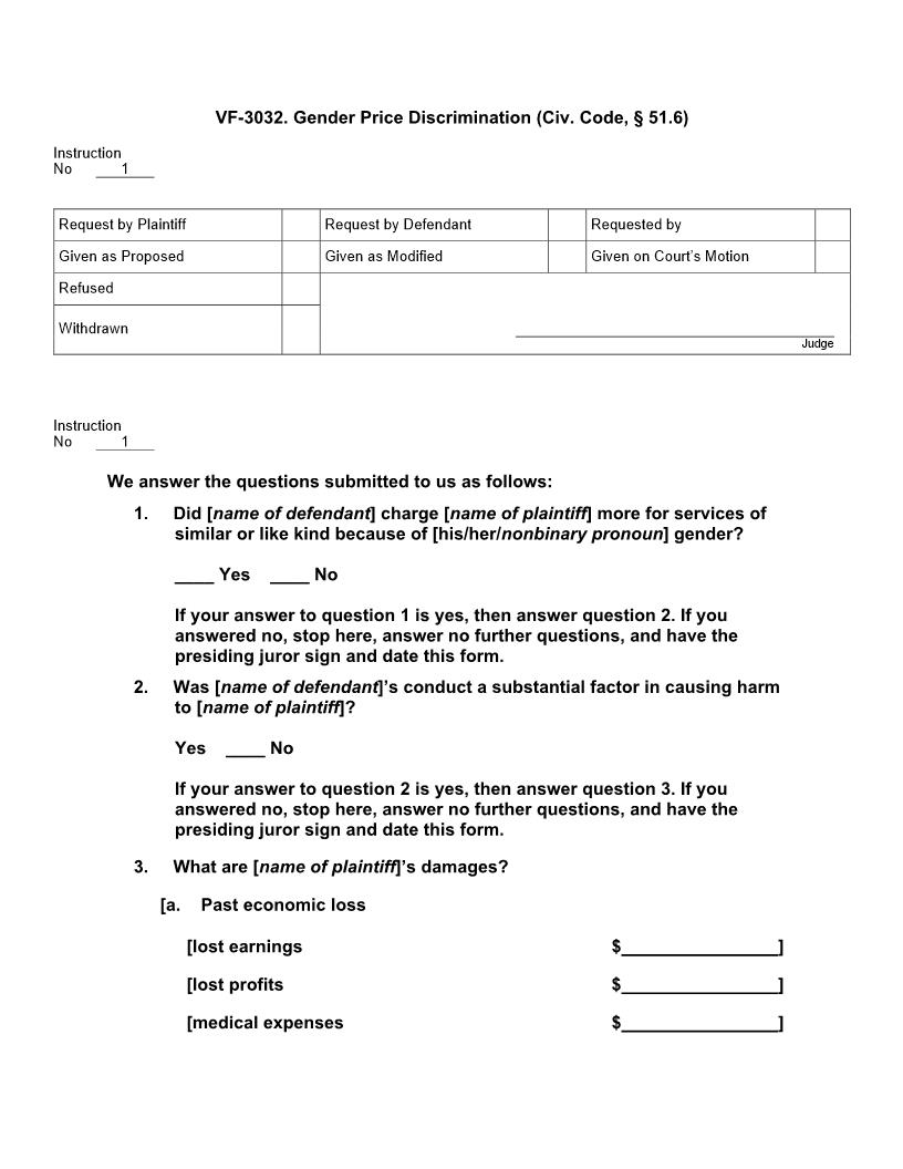 VF 3032. Gender Price Discrimination (Civ. Code, § 51.6) | Pdf Doc Docx | Jury Instructions