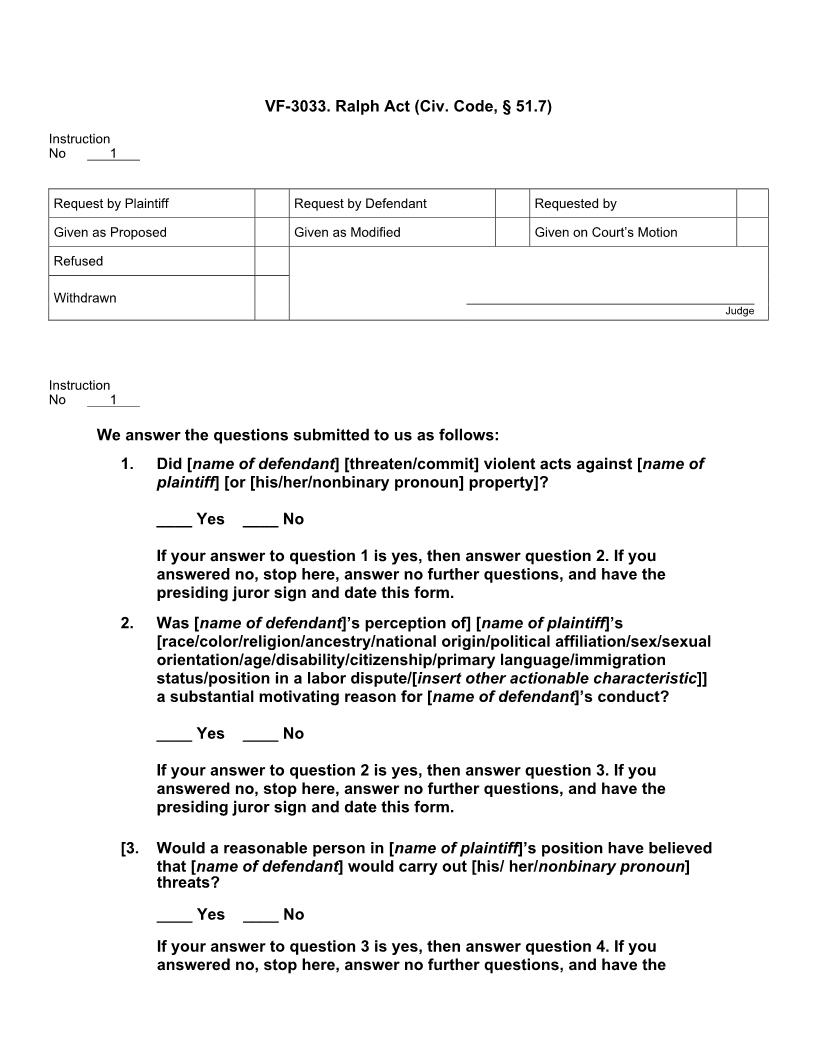 VF 3033. Ralph Act (Civ. Code, § 51.7) | Pdf Doc Docx | Jury Instructions