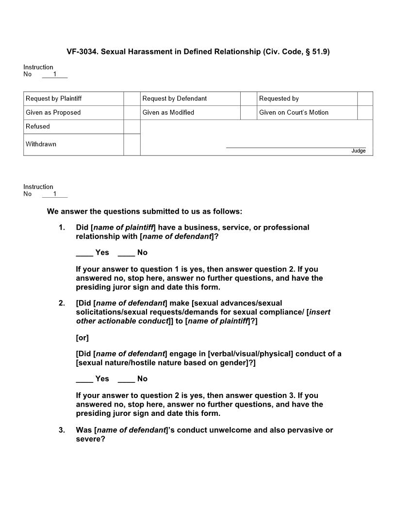 VF 3034. Sexual Harassment in Defined Relationship (Civ. Code, § 51.9) | Pdf Doc Docx | Jury Instructions