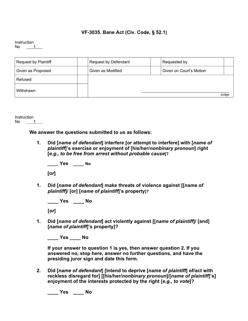 VF 3035. Bane Act (Civ. Code, § 52.1) | Pdf Doc Docx | Jury Instructions