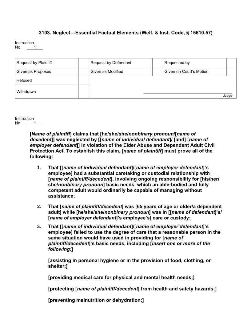 3103. Neglect Essential Factual Elements (Welf. Inst. Code, § 15610.57) | Pdf Doc Docx | Jury Instructions
