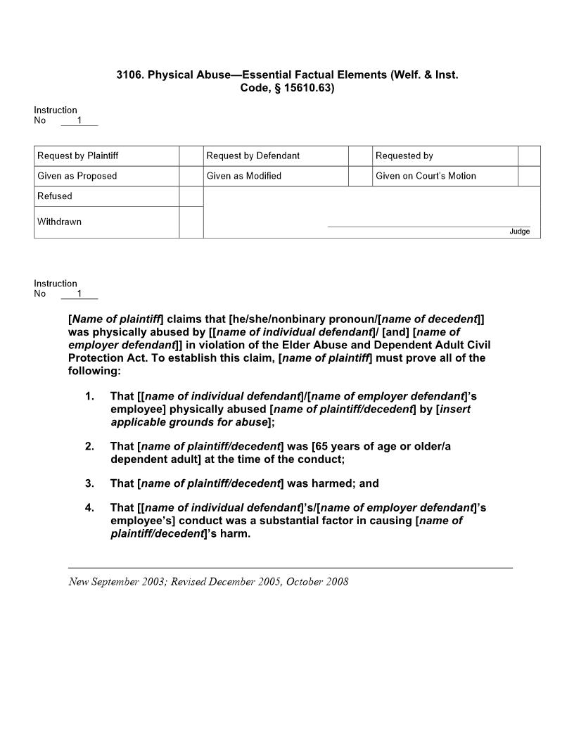 3106. Physical Abuse Essential Factual Elements (Welf. Inst. Code, § 15610.63) | Pdf Doc Docx | Jury Instructions