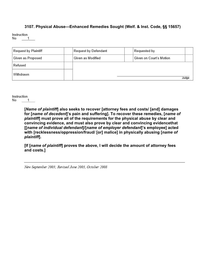 3107. Physical Abuse Enhanced Remedies Sought (Welf. Inst. Code, § 15657) | Pdf Doc Docx | Jury Instructions
