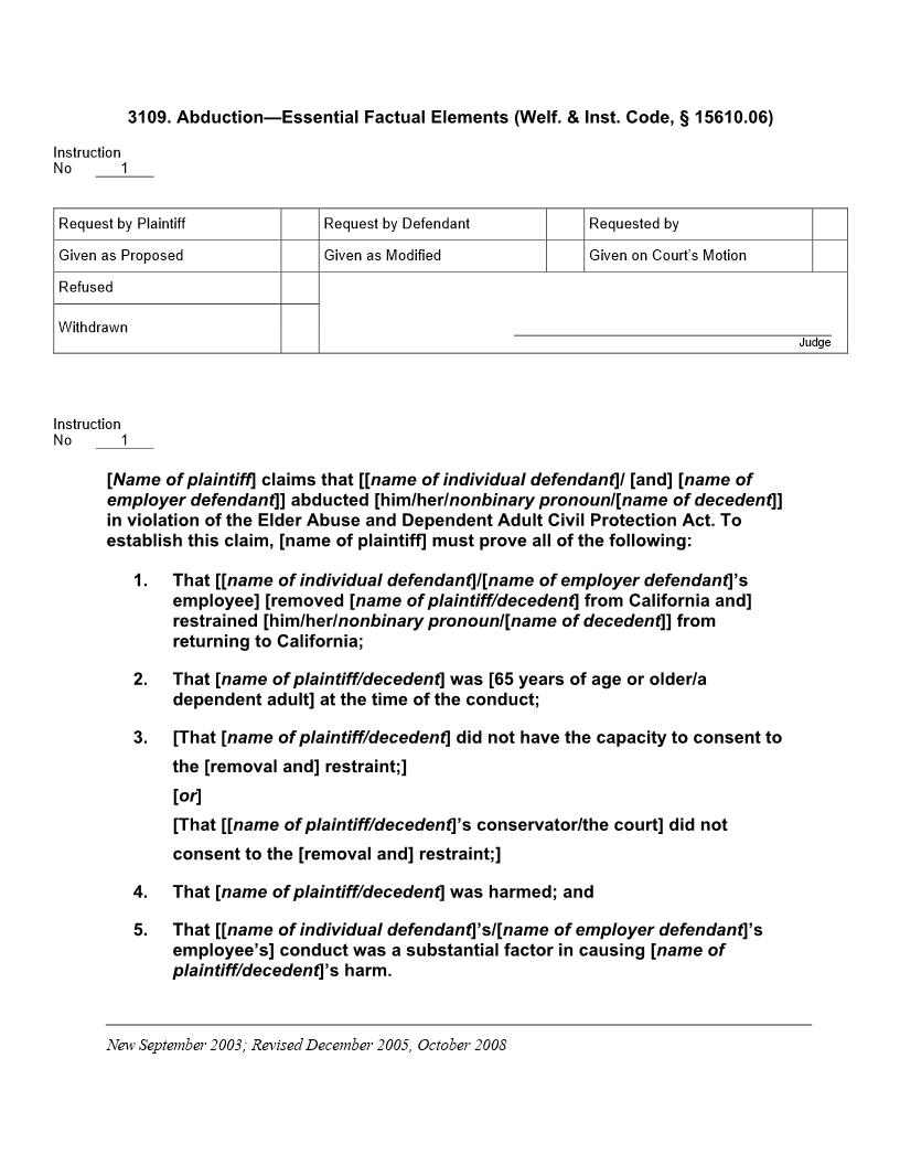 3109. Abduction Essential Factual Elements (Welf. Inst. Code, § 15610.06) | Pdf Doc Docx | Jury Instructions