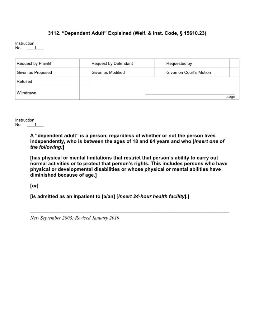 3112. Dependent Adult Explained (Welf. Inst. Code, § 15610.23) | Pdf Doc Docx | Jury Instructions