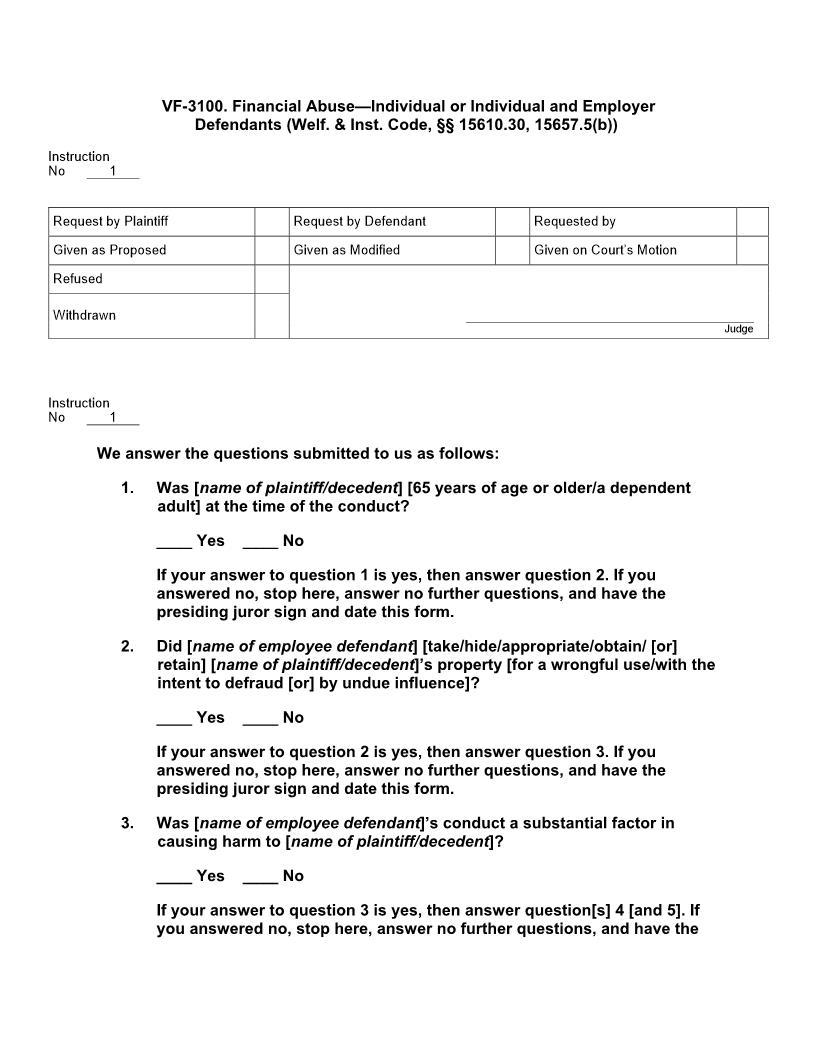VF 3100. Financial Abuse - Individual or Individual and Employer Defendants | Pdf Doc Docx | Jury Instructions