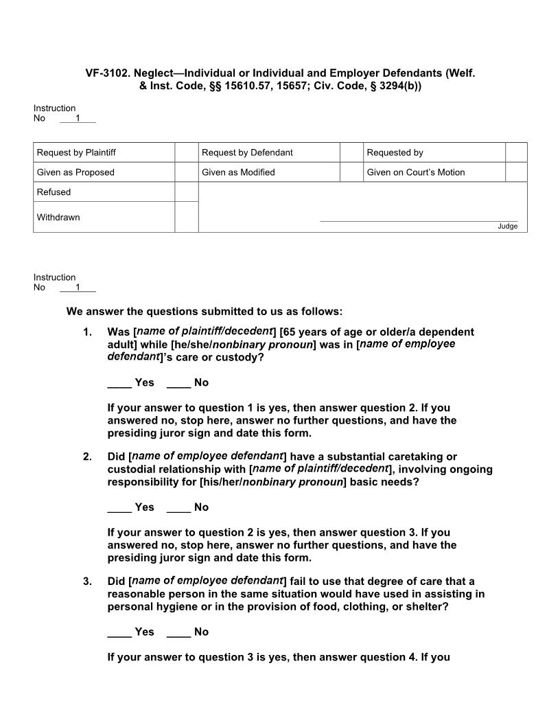 VF 3102. Neglect - Individual Or Individual and Employer Defendants | Pdf Docx | Jury Instructions