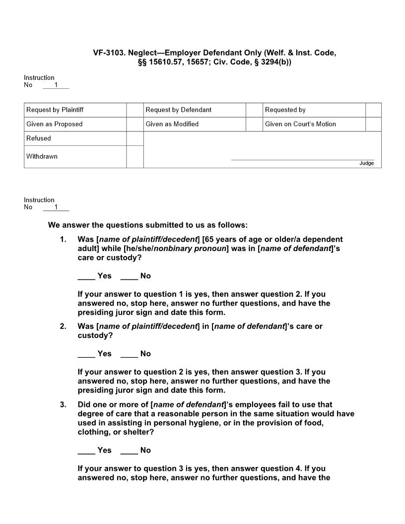 VF 3103. Neglect - Employer Defendant Only | Pdf Doc Docx | Jury Instructions